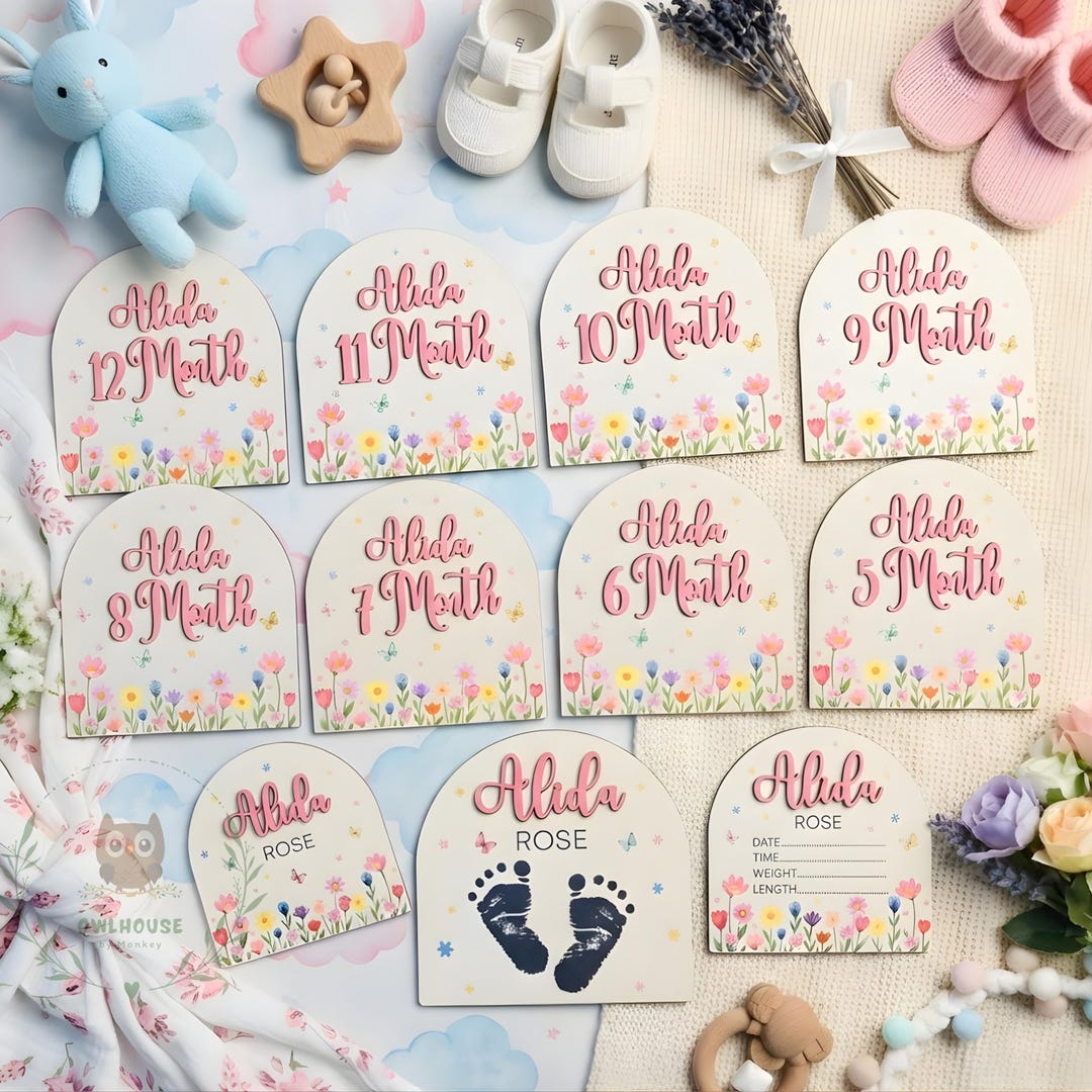 Wooden Baby Milestone Cards and Birth Record Name Plaque Floral Newborn ...