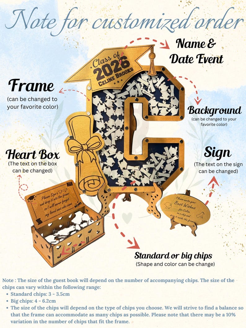 Graduation party guestbook alternative filled with diploma-shaped drop chips