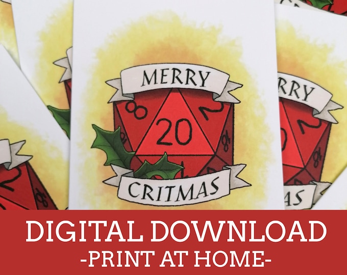 Critmas Greeting Card - Holly - A6 Christmas Card - Digital Download Print at Home - Dungeons and Dragons