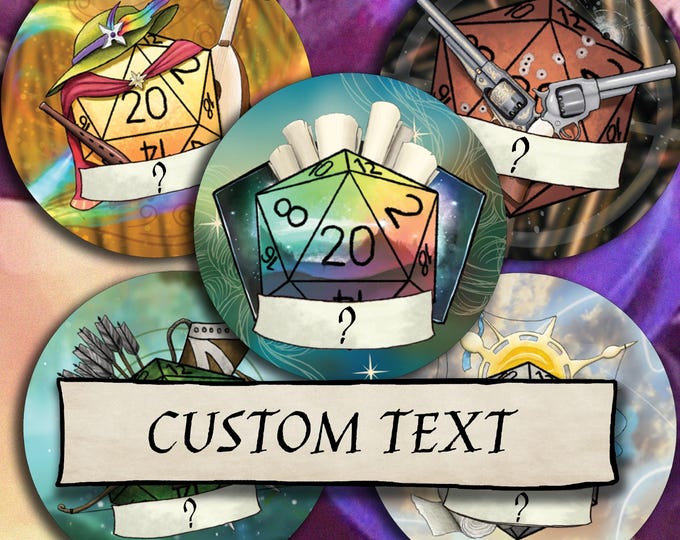 CUSTOM TEXT DnD 38mm Badge - Add your own text - D20 Dungeons and Dragons