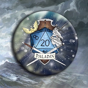DnD Paladin-klassmärke: Handgjord D20-nål (38 mm)
