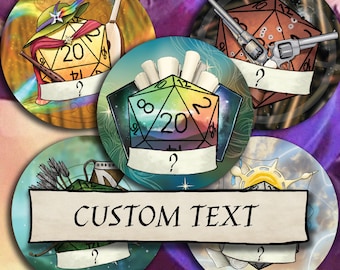 CUSTOM TEXT DnD 38mm Badge - Add your own text - D20 Dungeons and Dragons