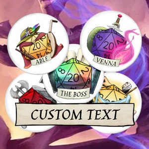 CUSTOM TEXT DnD 38mm Badge - Add your own text - D20 Dungeons and Dragons