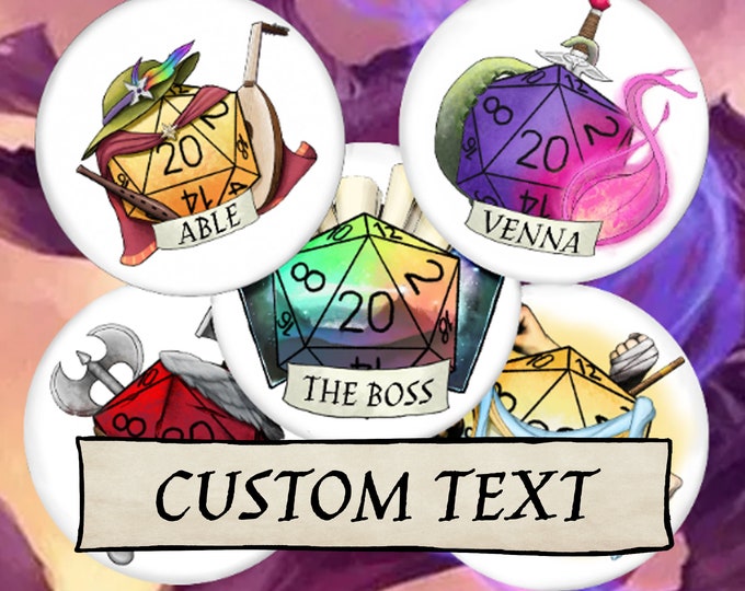 CUSTOM TEXT DnD 38mm Badge - Add your own text - D20 Dungeons and Dragons