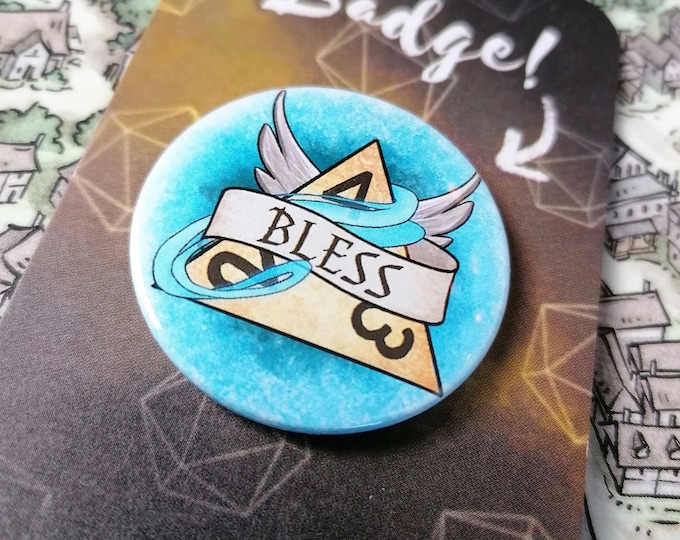 DnD Bless D4 - 38mm Pin Badge - Dungeons and Dragons Badge