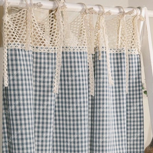 Blauer Gingham Cafe Vorhang, Rustikaler Krawatten Küchenvorhang