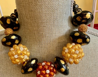 Artisan Collage Necklace- Huge Cluster Beads in Gold and Rust with Hand Painted Black and Gold Accent Beads - Stunning