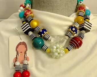 Chunky artisan double necklace and EARRINGS turquoise red black white statement piece 17 to 20 inches  free shipping USA