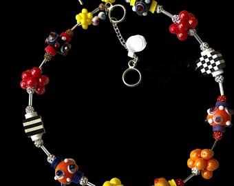 Colorful Artisan Necklace  and EARRINGS 19 to 22 inches lamp work beads black white checks  -free shipping in USA Specify clip on or pierced