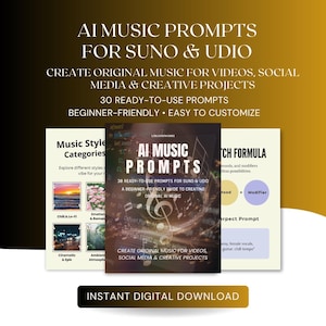 Puede incluir: Una guía digital titulada AI Music Prompts for Suno & Udio, que presenta 30 indicaciones listas para usar para crear música original. El documento incluye secciones sobre categorías de estilos musicales y una fórmula de creación.