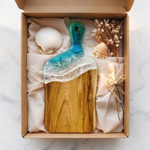 Personalized Wooden Resin Charcuterie Board for Engagement Gift, Custom Engraved Ocean Resin Serving Board, Epoxy Resin Beach Cheeseboard