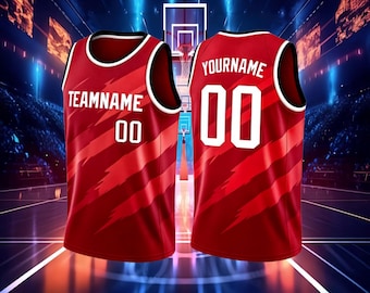 Roth Jersey Customiz カスタムレッドバスケットボールジャージ、ライトニングストライプデザイン、パーソナライズされた名前と番号、ゲームデージャージ