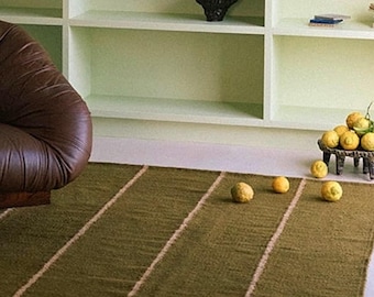 Handwoven Olive Green Striped Wool Rug: Boho Nordic Minimalist Decor, Custom Size
