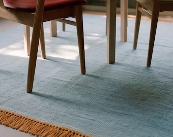 Light Blue & Orange Wool Handwoven Flatweave Rug. Minimalist Bohemian Rug For Bedroom Living Room.