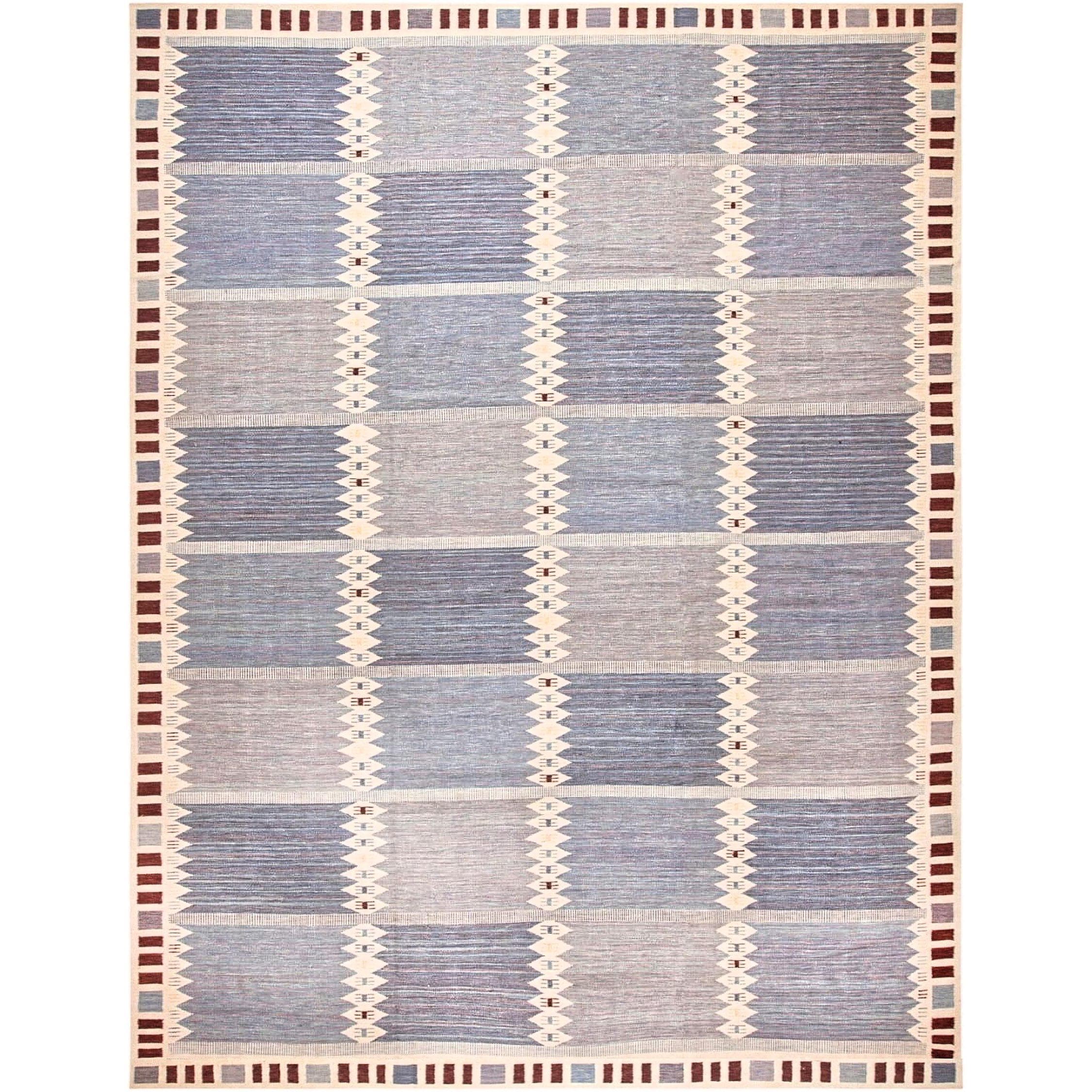 Swedish inspired rug, Scandinavian Wool Rug, Handwoven Kilim, Blue Beige Modern Flatweave, Home Decor Accent Rug. Nordic Knots Rug Ivory
