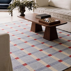 May include: A rectangular area rug featuring a light blue and cream grid pattern with small red squares at each intersection. The rug has a textured, woven appearance and covers the floor beneath a wooden coffee table and living room furniture.