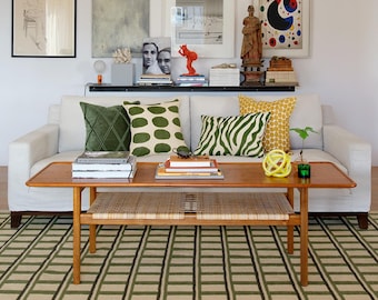 Green and Dark Green Handwoven Pure Wool Scandinavian Design Beige Flatweave Area Rug.