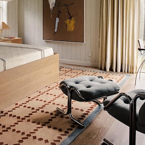 Alfombra de lana beige azul óxido tejida a mano - Diseño minimalista moderno escandinavo geométrico