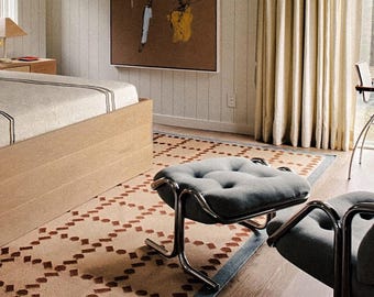 Handwoven Blue Rust Beige Wool Rug - Geometric Scandinavian Modern Minimalist Design