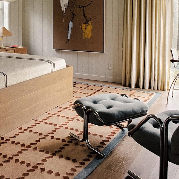 Handwoven Blue Rust Beige Wool Rug - Geometric Scandinavian Modern Minimalist Design