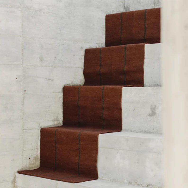 Scandinavian Design Wool Rug. Handwoven Burgundy Brown Striped Minimalist Flat weave. Custom Sizes image 7