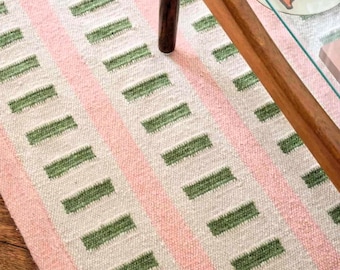 Swedish Inspired Rug, Handwoven Scandinavian Wool Rug, Pink Green Nordic Carpet for Living Room, Minimalistic Bedroom Rug, Boho Art Decor.