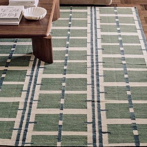 May include: A rectangular rug with a geometric pattern in shades of green, white, and blue. The design features a series of rectangles and vertical stripes. The rug is made of a woven material and is placed on a wooden floor.