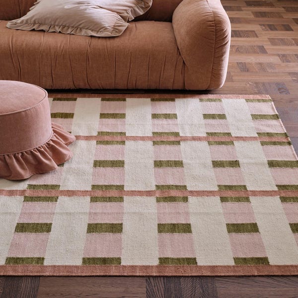 Tappeto in lana a tessitura piatta, design scandinavo, tessuto a mano, rosa oliva beige, stile Bauhaus moderno minimalista, stile minimalista.