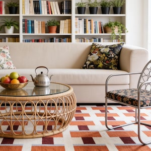 Op de afbeelding: Een beige bank met een bloemenkussen en een donker patroon kussen, een ronde rotan salontafel met glazen blad, een metalen theepot, een schaal met fruit en een metalen stoel met een donker bloemkussen op een geometrisch oranje-wit kleed.