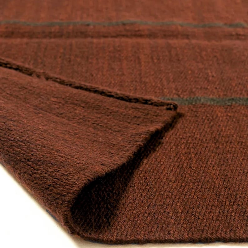 Handwoven Scandinavian Minimalist Modern Wool Rug: Brown & Burgundy Striped Flatweave Area Carpet, Custom Sizes Available