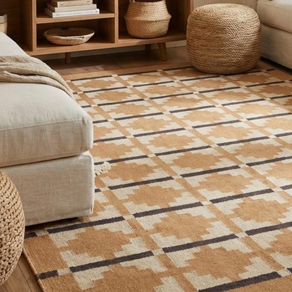 Handwoven Geometric Wool Rug: Terracotta, Beige Scandinavian Design Area Rug