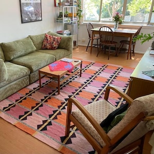 Pink Orange Terracotta Scandinavian Design Flatweave Area Rug. Geometric Rug for Bedroom & Living Room.