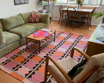 Pink Orange Terracotta Scandinavian Design Flatweave Area Rug. Geometric Rug for Bedroom & Living Room.
