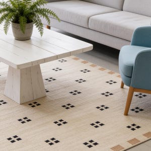 Handvävd skandinavisk beige rosa svart minimalistisk ullmatta. Nordisk geometrisk plattväv. Anpassade storlekar finns tillgängliga.