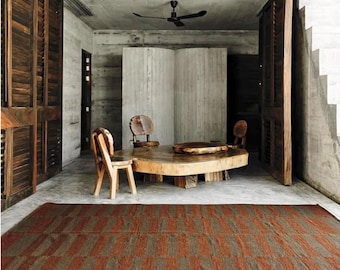 Handwoven Minimalist Wool Area Rug Earthy Brown Copper Geometric Design Modern Home Decor