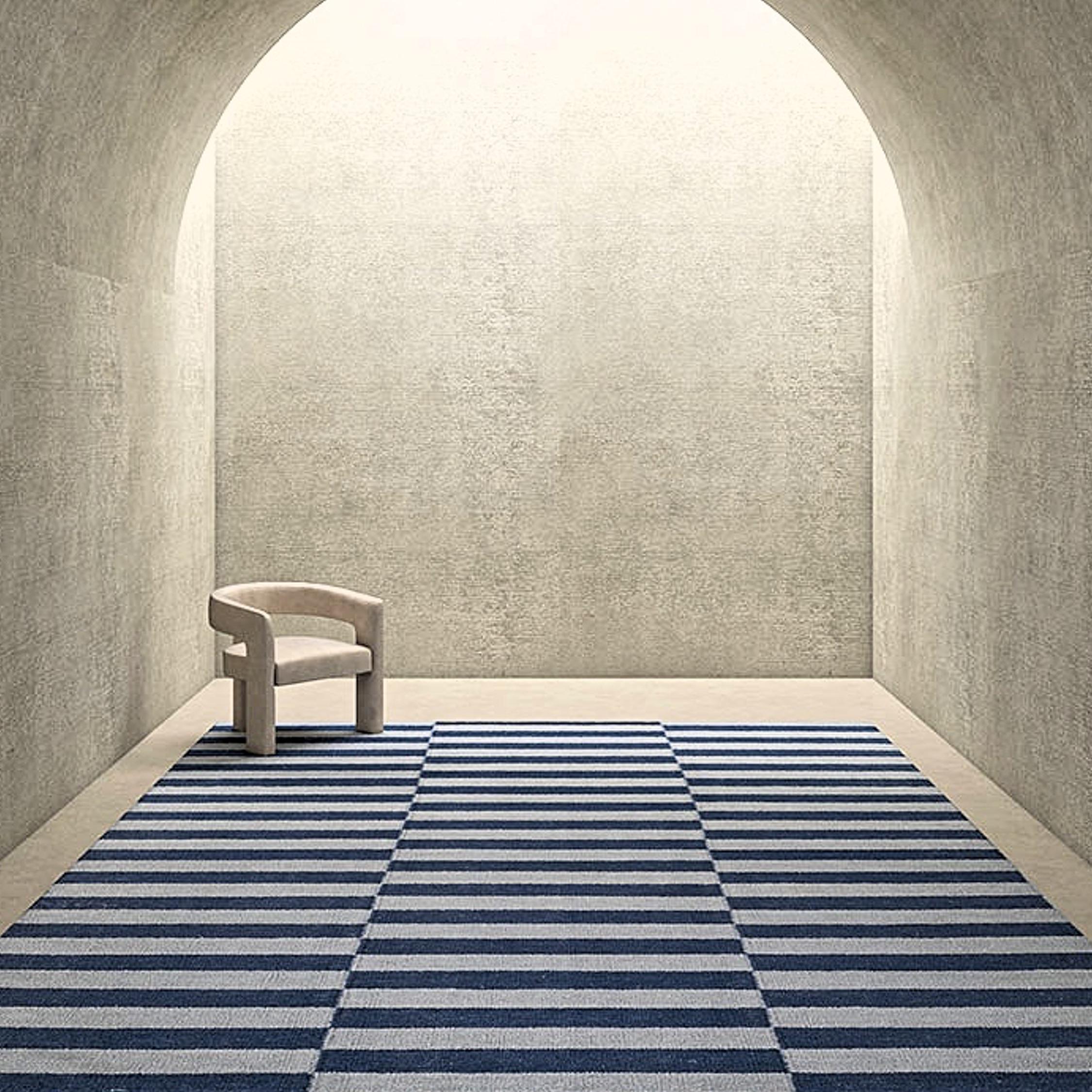 幾何学模様の手織りウールラグ 手織りウールラグ：グレー＆ネイビーブルーの幾何学模様の平織り