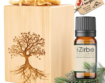 Zirbenholz Set mit Zirbenspäne und 10 ml Zirbenöl - Zirbelkiefer Öl – Zirbenduft und Deko aus Zirbelkiefer, Motiv Baum des Lebens