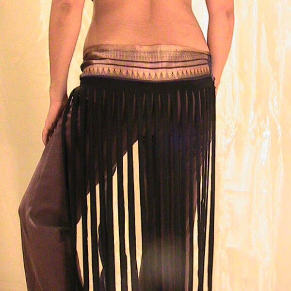 ATS Tribal Belly dance Fringed belt, panel skirt , hip apron - woven gold and blue silk panel , black handcut fringe