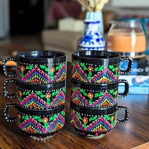 Hand Painted Mandala Tea Cup Set: Pakistani Truck Art Ceramic Cups