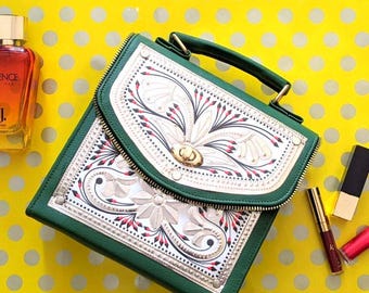 Tooled Vegan Leather Mini Satchel, Western Truck Art Crossbody Bag