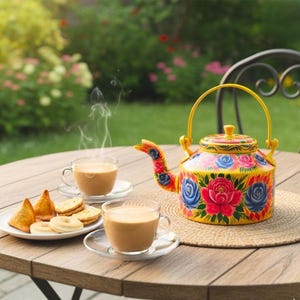 Teiera dipinta a mano con motivo di camion: Silver Desi Chainak, decorazione boho