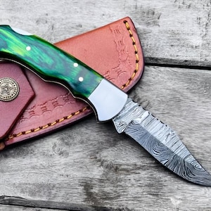 Handmade Damascus Pocket Knife Rose Wood Handle Birthday Gift Folding Knife Groomsmen Gifts, Anniversary Wedding, Personalized Gifts for Men