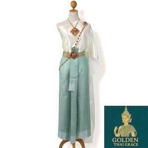 Traditional Thai Dress Set – Thai Wedding Outfit with Shawl and Skirt, Adjustable Wrap Free Size