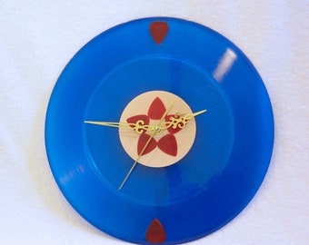 Blue Colored Vinyl Record Clock - Recycled Repuposed Album Eco-Friendly Music Decor, Red White and Blue
