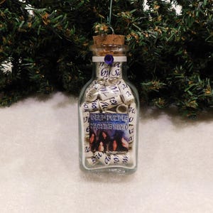 May include: A clear glass bottle with a cork stopper, filled with rolled-up paper scrolls. The bottle features a label with the text "Deep Purple Machine Head" and an image of the band. The bottle is suspended against a backdrop of evergreen branches.