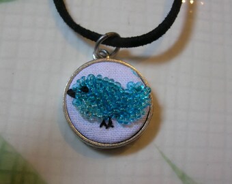 Bluebird of Happiness Necklace - Bead Embroidery Pendant in Bezel Setting