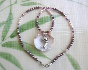 Beaded Necklace With Dolphin Charm and Seashell - Reversible Pendant