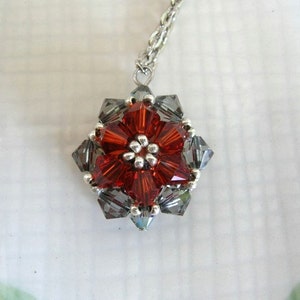 Crystal Starburst Necklace - Orange and Gray Woven Bead Pendant on Link Chain