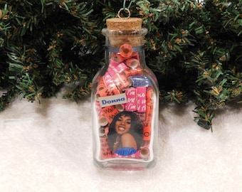 Donna Summer Lyrics In A Bottle Christmas Ornament - Album Liner Notes In Glass Mini Bottle with Cork Stopper