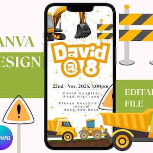 Modelo de convite de aniversário de caminhão editável, convite de aniversário de caminhão semi-reboque, etiquetas de agradecimento de caminhão, convite de aniversário de caminhão